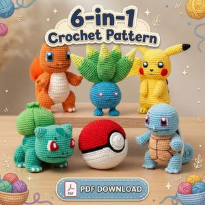Peut inclure: Un modèle de crochet 6-en-1 en téléchargement PDF présentant six figurines amigurumi faites main : un Salamèche orange, un Mystherbe vert, un Pikachu jaune, un Bulbizarre vert, une Poké Ball rouge et blanche et un Carapuce bleu clair.