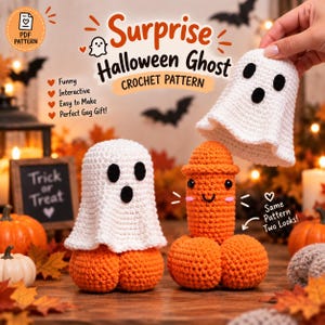 Può includere: Uno schema all'uncinetto per un Surprise Halloween Ghost con una copertura a forma di fantasma bianco e un giocattolo arancione di forma fallica sotto. Il testo recita Surprise Halloween Ghost CROCHET PATTERN, Funny, Interactive, Easy to Make, Perfect Gag Gift e Same Pattern Two Looks.