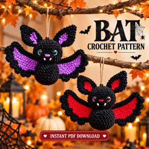 May include: Two crocheted bat ornaments hanging from a branch. One bat has black and purple wings, the other has black and red wings. Both have white fangs and large eyes. Text reads: BAT CROCHET PATTERN and INSTANT PDF DOWNLOAD.