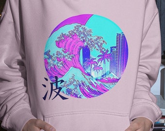 Hokusai Inspired Great Wave Hoodie,Vaporwave,Glitch,Logo,Unisex,Aesthetic Anime Pullover