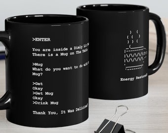 Retro RPG Coffee Mug, Old School Text, Minimalist Black Mug, Multi User Dungeon ASCII Art Mug