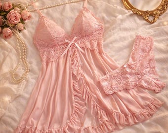 Sheer Lace Nightgown Set Transparent Nightdress Bra Panty Lingerie Sleepwear