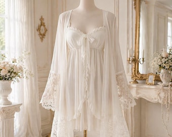 White Lace Robe and Nightdress Set, Chic Breathable Women’s Sleepwear