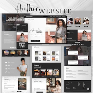 May include: A digital display of an author website template featuring a laptop and mobile screen layout. The design uses a monochrome color palette with black, white, and gray sections, showcasing book covers, author photos, and contact forms.
