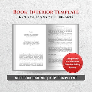Op de afbeelding: Een boekinterieur sjabloon met de tekst "BOOK INTERIOR TEMPLATE" en snijmaten. Het open boek toont tekst over islamitische mystieke tradities. Een rode cirkel met witte tekst luidt "Designed by A Professional Book Publishing Agency."