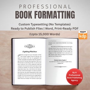May include: An open book displaying typeset text for Chapter 4 titled Lighting Matches. The header reads PROFESSIONAL BOOK FORMATTING, Custom Typesetting (No Templates), Ready to Publish Files | Word, Print-Ready PDF (Upto 15,000 Words).