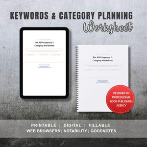 以下が含まれることがあります： Keywords & Category Planning Worksheetを表示するデジタルタブレットとスパイラルノート。両方のアイテムにはThe KDP Keyword & Category WorksheetとInsignia Publishingのテキストが含まれています。赤い円形のバッジにはDesigned by Professional Book Publishing Agencyと記載されています。