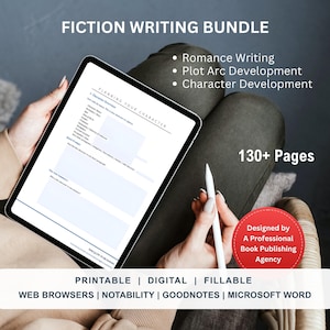 May include: A digital fiction writing bundle displayed on a tablet, featuring a character overview form. The image includes the text "Fiction Writing Bundle," "Romance Writing," "Plot Arc Development," and "Character Development." The bundle is designed by a professional book publishing agency.