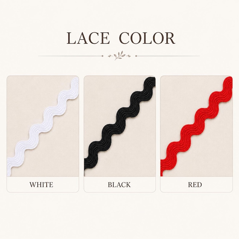 Puede incluir: Tres tiras de cinta ondulada dispuestas verticalmente, con el texto LACE COLOR. La tira de la izquierda es blanca, la central es negra y la de la derecha es roja. Cada tira se muestra en un recuadro rectangular con su nombre de color debajo.