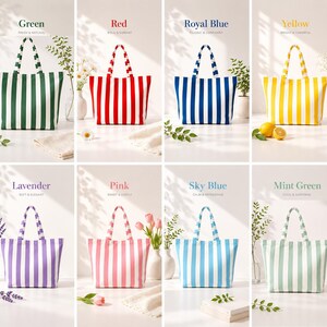 May include: A collection of eight tote bags featuring vertical stripes in green, red, royal blue, yellow, lavender, pink, sky blue, and mint green. Each bag has two matching striped handles and a rectangular body, displayed in a grid layout.