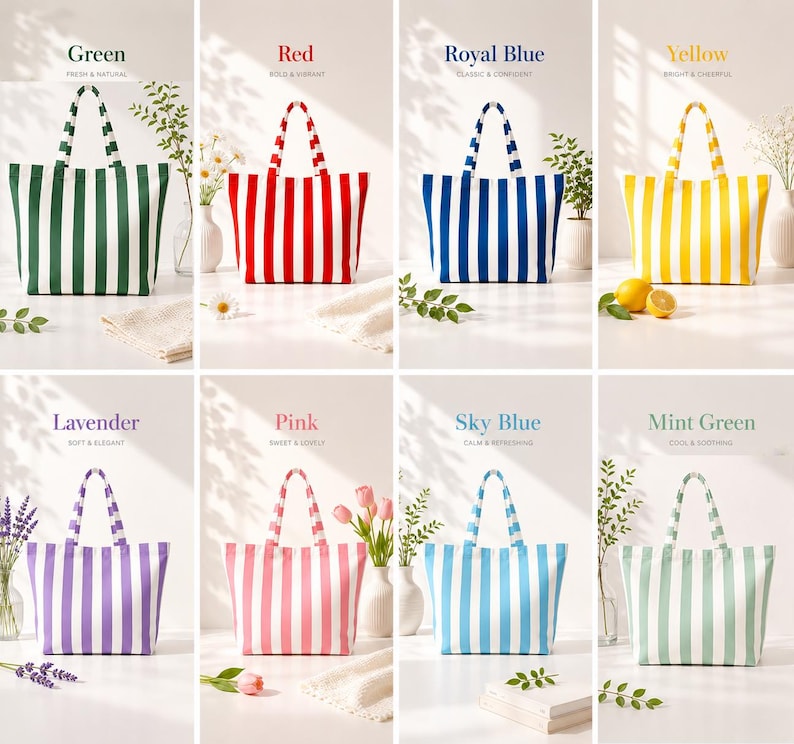 May include: A collection of eight tote bags featuring vertical stripes in green, red, royal blue, yellow, lavender, pink, sky blue, and mint green. Each bag has two matching striped handles and a rectangular body, displayed in a grid layout.