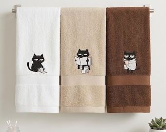 3 Pcs Black Cat Bathroom Hand Towels Set, Funny Cat Embroidered Decorative Towels, Funny Bathroom Decor, 100% Cotton Guest Bathroom Towel