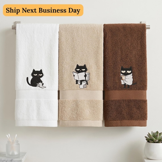 Embroidered Black Cat Bathroom Hand Towels Set, Funny Cat Decorative Towels, Cat Bathroom Decor, 100% Cotton Guest Bathroom Towel
