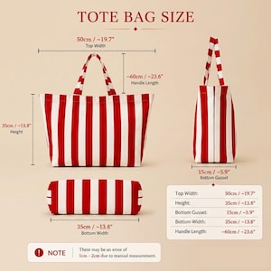 May include: A red and white striped tote bag shown from front, side, and bottom angles with dimension labels. The bag has a top width of 50 cm (19.7 inches), a height of 35 cm (13.8 inches), a 15 cm (5.9 inches) bottom gusset, and 60 cm (23.6 inches) handles.