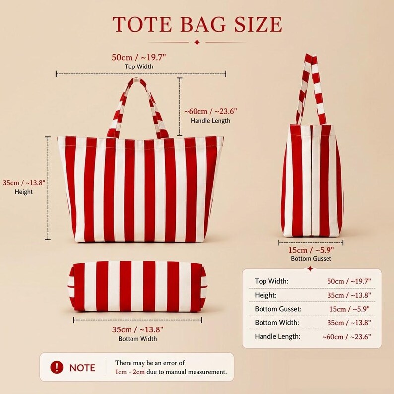 May include: A red and white striped tote bag shown from front, side, and bottom angles with dimension labels. The bag has a top width of 50 cm (19.7 inches), a height of 35 cm (13.8 inches), a 15 cm (5.9 inches) bottom gusset, and 60 cm (23.6 inches) handles.