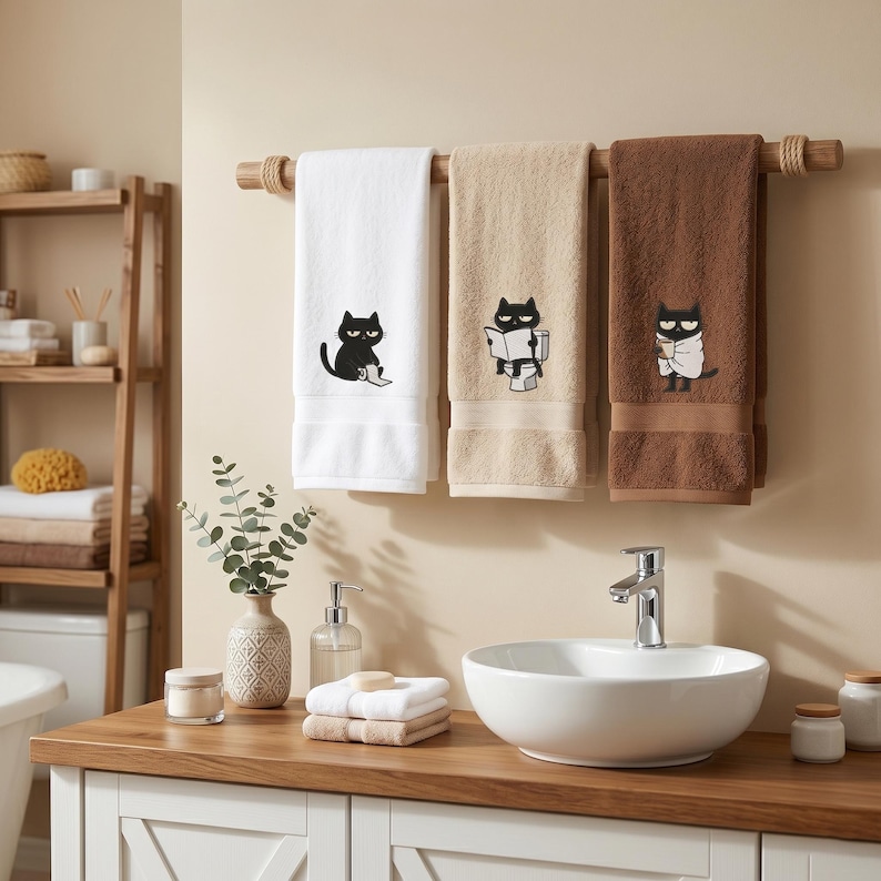 K&ouml;nnte beinhalten: Drei Badet&uuml;cher mit schwarzer Katzenstickerei, die an einer Holzstange h&auml;ngen. Die Handt&uuml;cher sind wei&szlig;, beige und braun. Das wei&szlig;e Handtuch zeigt eine lesende Katze, das beige Handtuch eine Katze, die ein Buch liest, und das braune Handtuch eine Katze, die in ein Handtuch gewickelt ist.
