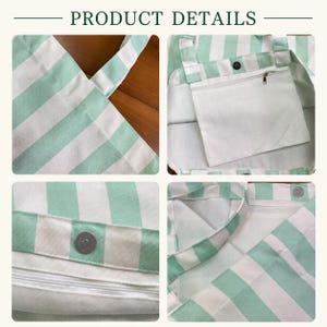 May include: A tote bag featuring a mint green and white vertical striped pattern. The bag includes sturdy fabric handles, a top magnetic snap closure, and an interior pocket with a silver-toned metal zipper for secure storage of small items.