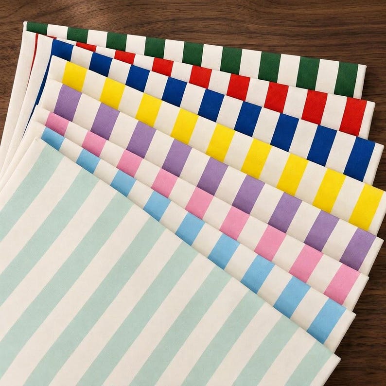 May include: A collection of rectangular fabric sheets featuring vertical stripes in various colors including dark green, red, blue, yellow, purple, pink, light blue, and mint green, all alternating with white stripes, arranged in a layered fan pattern.
