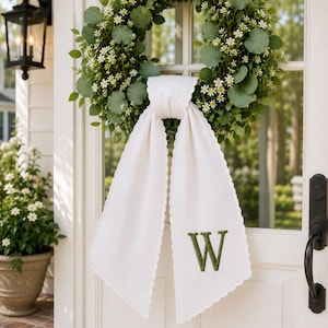 Personalized Embroidered  Wreath Sash, Custom Monogram Wedding Door Bow, Stripe Wedding Sash,Bridal Shower Gift,Initial Front Decor