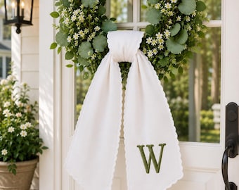 Personalized Embroidered  Wreath Sash, Custom Monogram Wedding Door Bow, Stripe Wedding Sash,Bridal Shower Gift,Initial Front Decor