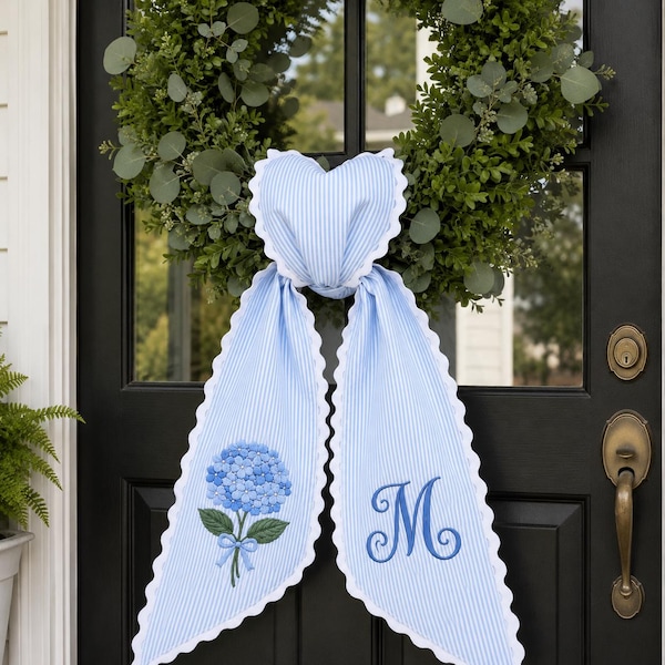 Personalized Embroidered  Blue Hydrangea Wreath Sash, Custom Monogram Wedding Door Bow, Bridal Shower Gift Idea, Initial Classic Front Decor