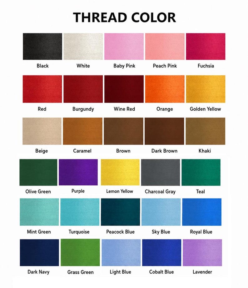 May include: A color chart titled THREAD COLOR displaying thirty rectangular swatches of various thread colors including black, white, pinks, reds, oranges, yellows, browns, greens, and blues, each labeled with its corresponding color name.