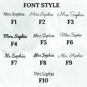 May include: A chart titled FONT STYLE displaying ten different black typography options labeled F1 through F10. Each option shows the name Mrs. Sophia in a unique typeface, with F7 displaying Mr. Sophia, arranged in a grid on a light background.