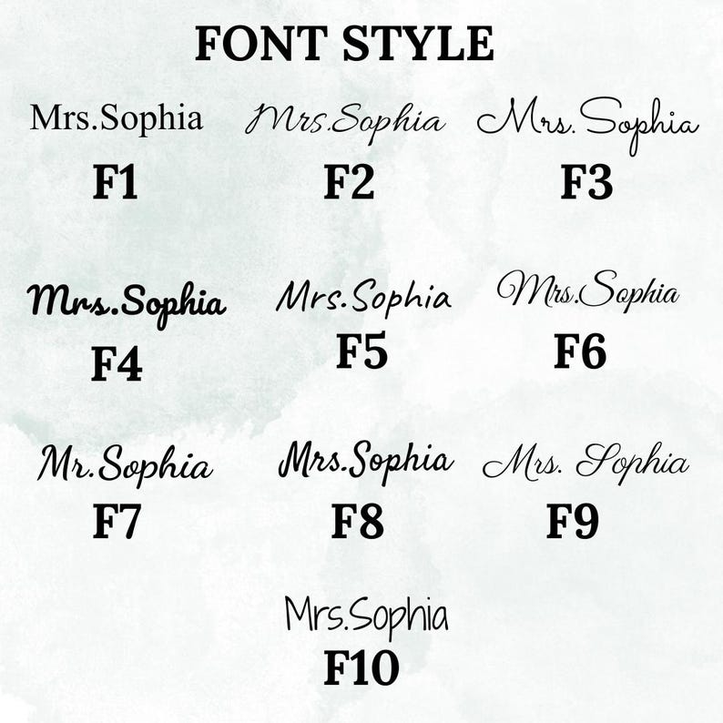 May include: A chart titled FONT STYLE displaying ten different black typography options labeled F1 through F10. Each option shows the name Mrs. Sophia in a unique typeface, with F7 displaying Mr. Sophia, arranged in a grid on a light background.
