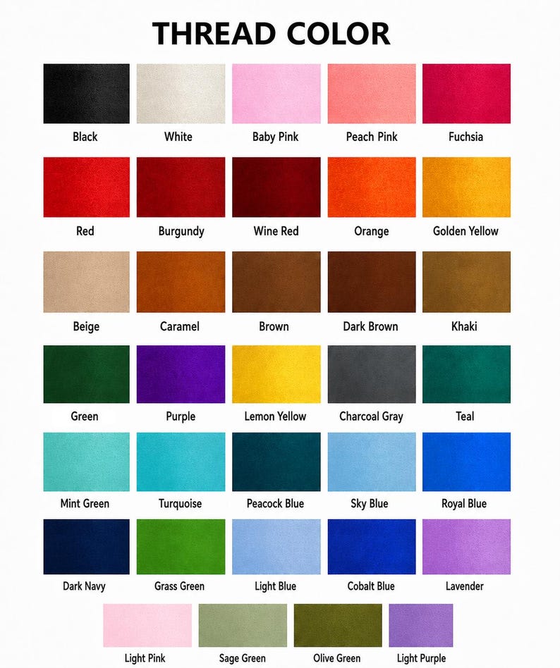 Puede incluir: Una carta de colores titulada THREAD COLOR que muestra treinta y cinco muestras rectangulares de varios colores de hilo, incluyendo negro, blanco, rosas, rojos, naranjas, amarillos, marrones, verdes, azules y morados, etiquetados por su nombre.