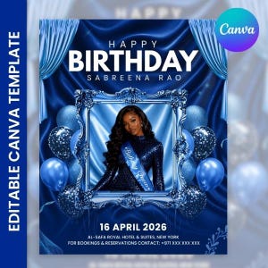 May include: A blue birthday invitation template with the text "Happy Birthday Sabreen Rao" and the date "16 April 2026". The design includes a photo of a woman, balloons, and decorative elements.
