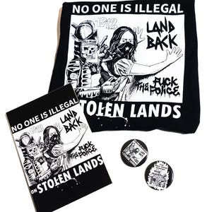 BUNDEL: No One is Illegal T-shirt + schetsboek + spelden