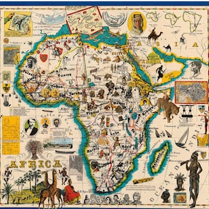 Peut inclure: Une carte illustrée vintage de l'Afrique présentant des dessins détaillés de la faune régionale, des populations autochtones et des points de repère géographiques. La carte comprend divers encarts, portraits historiques et textes colorés.
