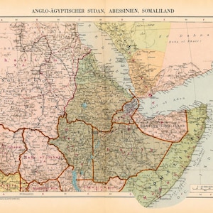 May include: A vintage-style color map titled ANGLO-ÄGYPTISCHER SUDAN, ABESSINIEN, SOMALILAND, featuring geographical details of East Africa. The map displays borders, terrain, and bodies of water in muted tones of green, pink, and yellow on aged paper.