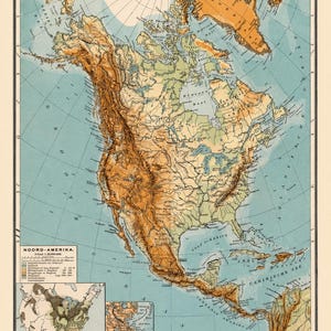 May include: A vintage physical map of North America featuring topographical shading in shades of brown, green, and blue. The map includes a legend, a smaller inset map of the Mississippi River delta, and text labels in Dutch, including Noord-Amerika.