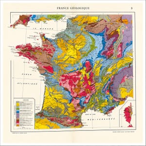 Può includere: Una mappa geologica vintage della Francia intitolata FRANCE GÉOLOGIQUE con il numero 3 nell'angolo in alto a destra. La mappa presenta un complesso insieme di regioni multicolori che rappresentano diverse formazioni rocciose, con una legenda in basso a sinistra.