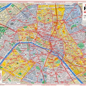 Könnte beinhalten: Ein detaillierter Stadtplan von Paris mit dem Titel Plan de Paris, der ein komplexes Netz aus roten U-Bahn- und RER-Linien über gelben, blauen und grünen Stadtvierteln zeigt. Die Karte enthält eine Legende, eine kleine Übersichtskarte und Text.