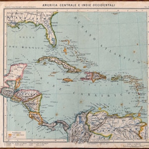 May include: An antique paper map titled AMERICA CENTRALE E INDIE OCCIDENTALI, depicting Central America and the Caribbean. The map features pastel-coloured landmasses, black text labels, grid lines, and a scale of 1:12,000,000 at the bottom right.
