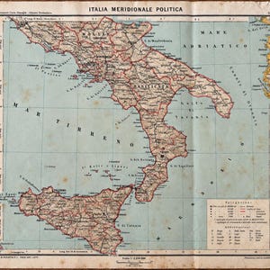 Könnte beinhalten: Eine historische politische Landkarte mit dem Titel ITALIA MERIDIONALE POLITICA, die Süditalien und Sizilien mit detaillierten geografischen Markierungen, regionalen Grenzen und einer Legende auf gealtertem, cremefarbenem Papier zeigt.