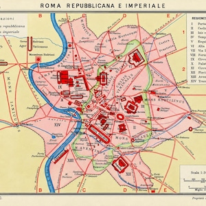 Puede incluir: Un mapa histórico titulado ROMA REPUBBLICANA E IMPERIALE que muestra la antigua Roma con regiones sombreadas en verde y rosa. Incluye un sistema de cuadrícula, etiquetas de colinas, una leyenda de regiones y una escala de 1:30.000.