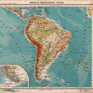 May include: A vintage physical map titled AMERICA MERIDIONALE FISICA, depicting South America with topographical shading in green, tan, and brown. It includes a detailed inset map of the Strait of Magellan and a scale of 1:30,000,000.