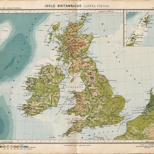 1918 British Isles Map, Antique Physical Map of Great Britain Ireland, Scotland Wales England, Original Paravia Atlas