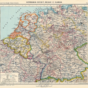 May include: A vintage 1902 educational map titled GERMANIA OCCIDLE, BELGIO E OLANDA, featuring detailed geographical borders, cities, and transport networks in Western Germany, Belgium, and the Netherlands, with a scale of 1:3,000,000 at the bottom.