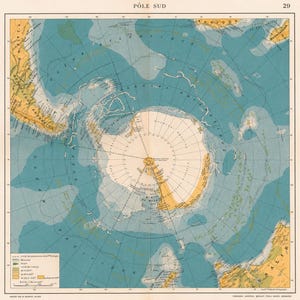 Antik Sydpolskarta 1925 | Original Quillet Atlas | Antarktiskarta | Väggkonst för polarutforskning | Vintage fransk kartografi