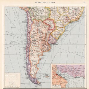 Antik karta över Argentina och Chile från 1925 | Original vintagekarta över Sydamerika | Quillet Atlas-tryck | Väggkonst av Buenos Aires och Santiago