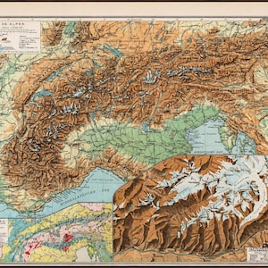 Carte en relief des Alpes de 1924 | Carte murale ancienne des Alpes suisses | Carte géologique | Glacier d'Aletsch | Atlas néerlandais original | Décoration de montagne vintage
