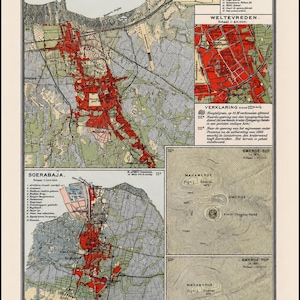 Puede incluir: Una página de mapa impresa antigua que presenta diseños cartográficos detallados de Batavia, Weltevreden y Soerabaja, junto con diagramas topográficos del volcán Smeroe-Top, con etiquetas de texto, leyendas y áreas urbanas resaltadas en rojo.