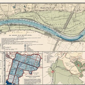 以下が含まれることがあります： オランダの地域の3つの異なる地図を特徴とするヴィンテージスタイルの地図プリント。上部にはネーデル・ライン・ボーフェン・ドリエル川のエリアが表示され、下部にはワテルスハップ・デ・シェルマーとリンブルフの詳細な地図が含まれています。