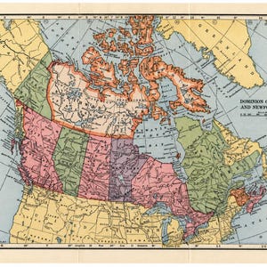 May include: A vintage-style colour map titled Dominion of Canada and Newfoundland, featuring distinct pastel-shaded regions, black text labels for provinces and territories, latitude and longitude grid lines, and a scale of miles in the upper right corner.