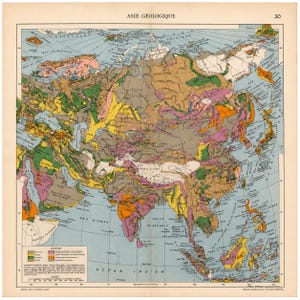 以下が含まれることがあります： 右上に「30」と記された「ASIE GÉOLOGIQUE」というタイトルのアジアの古い地質図。地図にはさまざまな地質構造を表す色分けされた領域が描かれており、左下には凡例が記載されています。