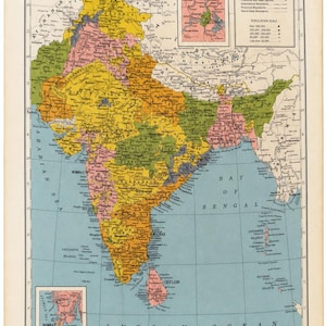 Puede incluir: Un mapa antiguo a color titulado India and Ceylon, que muestra fronteras políticas en tonos amarillo, verde, rosa y naranja. El mapa incluye un recuadro de Calcuta, un recuadro de Bombay, una escala de población y una cuadrícula con coordenadas.